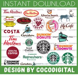 logo fashion brand bunlde: starbucks svg, dunkin' donuts svg, mccafe svg, tim hortons svg, gloria jean's carion coffee