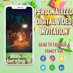 minecraft video invitation, minecraft invite, minecraft birthday, personalized video invitation, instant download