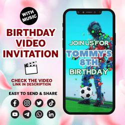 soccer birthday video invitation, soccer evite, soccer theme party, sports theme birthday, any age, video evite, boys