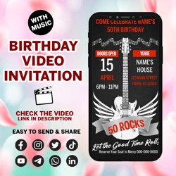 animated rock and roll themed digital birthday party invitation, simple diy editable template send via text