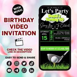 fun animated golf themed video birthday party invitation, simple diy editable template send via text, let's par-tee men