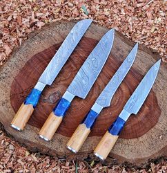 handmade blue damascus chef set, blue handforged blade and wooden handle of chef set