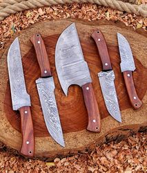 handmade curved blade damascus chef set, curved blade handforged blade and wooden handle of chef set for easy grip