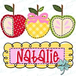 school apple trio pink with bow  nameplate - cd - faux applique png, digital download for sublimation and printables