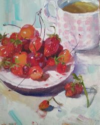 berries still life, fruit still life original oil painting, fine art tea cup