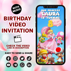 princess peach mario invitation, super princess video invitation, animated invitation, peach party