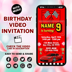 cars birthday video invitation, digital boy cars birthday party, animated race car mobile invite, instant download race