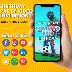 soccer birthday video invitation, soccer evite, soccer theme party, sports theme birthday, any age, video evite, boys