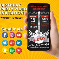 animated rock and roll themed digital birthday party invitation, simple diy editable template send via text