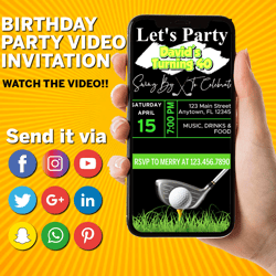 fun animated golf themed video birthday party invitation, simple diy editable template send via text, let's par-tee men