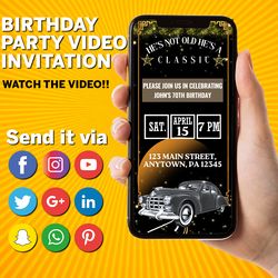 animated classic car themed video birthday party invitation, simple diy editable template send via text, he's not old