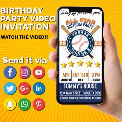 blue & red all-star baseball vintage ticket birthday party video invitation, we edit it, you share it on whatsapp