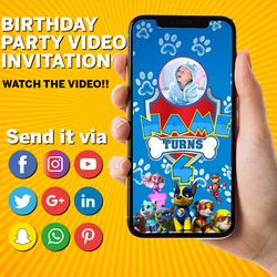 paw patrol birthday invitation, paw patrol video invitation, with free thank you tag, animated invitation, digital party