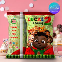 editable chip bag cocomelon birthday party diy, cocomelon chip bag template canva editable instant download