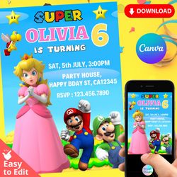 super mario princess peach birthday invitation template