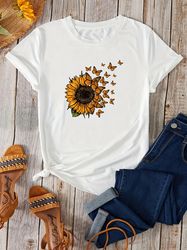 sunflower print crew neck t-shirt casual loose short sleeve fashion t-shirts tops women's clothing