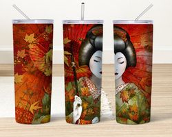 asian women umbrella tumbler, traditional japanese kimono, women tumbler, art graffiti skinny tumbler