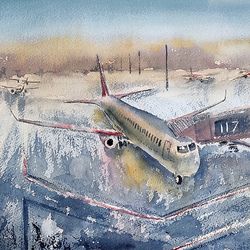 original watercolor painting by irina shilina canvas. "airplane"