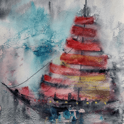 original watercolor painting by irina shilina canvas. "scarlet sails"