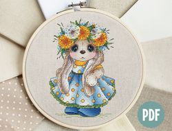 flower wreath rabbit girl cross stitch pattern pdf, bunny cross stitch, instant download, blue dress cross stitch