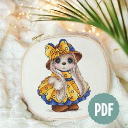 yellow dress bunny girl cross stitch pattern pdf, bow hat rabbit cross stitch, animal cross stitch, instant download