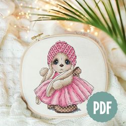 pink dress bunny girl cross stitch pattern pdf, rabbit cross stitch, animal cross stitch, instant download, lolita dress