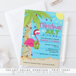 Christmas in July Invitation, Christmas Flamingo Invitation, Christmas in July, Summer Christmas, Instant Download , 493