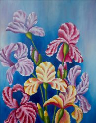 iris flower painting oil, bouquet iris wall art, iris flowers canvas art, floral original art artwork by inna esina