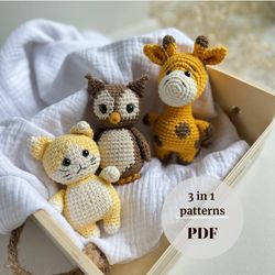 set 3 in 1 patterns owl, cat and giraffe , crochet pattern pdf crochet animals pattern