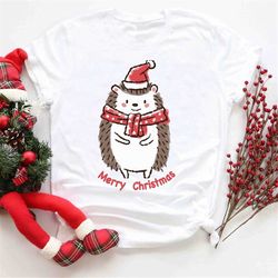 hedgehog santa hat cute christmas shirt, noel hat christmas party clothing, christmas vibes apparel, christmas holiday t