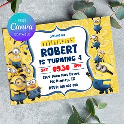 minion birthday party invitation diy template canva editable