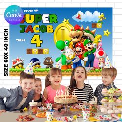 super mario birthday backdrop template, super mario birthday themed birthday banner editable digital instant download