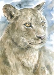 watercolor artwork painting portrait of a lioness