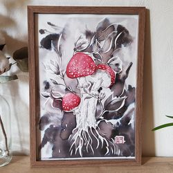 original watercolor and ink artwork hand painted mixed technique fly agaric mushroom