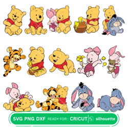 layered baby pooh svg bundle, instant download, bundle for cricut, silhouette vector svg png dxf cut files