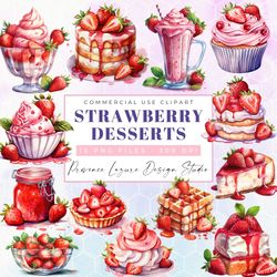 strawberry dessert clipart bundle, watercolor strawberry clipart, summer clipart digital transparent png, commercial use