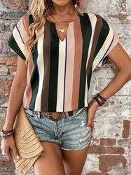 casual split crew neck shirt striped print short sleeve shirt women's clothing