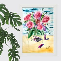 original watercolor painting by irina shilina canvas. "flowers and cosmetics"