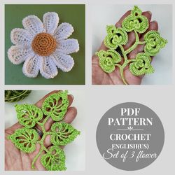 set crochet patterns flower, leaf, branch. crochet motifs for irish lace tutorial pdf. crochet applique pattern.