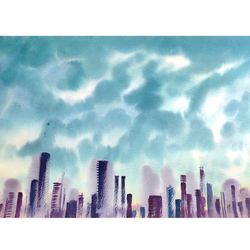 original watercolor painting by irina shilina canvas. "city 2"