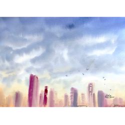 original watercolor painting by irina shilina canvas. "city 5"