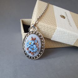 ribbon embroidered blue pendant with turquoise flower for her, 4th wedding anniversary gift, custom embroidery bouquet