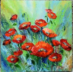 poppies in the field. palette knife painting with oil paints.