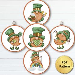 set of 5 st. patrick gnome cross stitch pattern