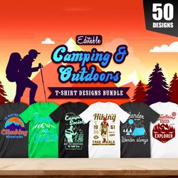 50 editable camping & outdoors t-shirt designs bundle