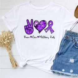 leopard peace love military kids, military purple ribbon, military child awareness month gift  shirt