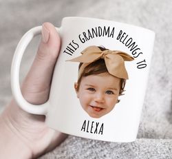 this grandma belongs to mug, custom grandchild mug, face cut out mug, custom gift for grand mother, baby face custom mug