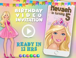 barbie doll birthday video invitation for girl, animated kid's birthday party invite