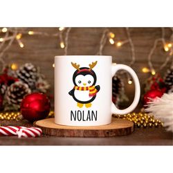 personalised penguin christmas mug, penguin lover mug, custom name mug, personalised gift, cute christmas gift, penguin