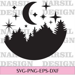 mountains svg moon and forest svg cut file. mountain range with moon and stars svg, outdoors svg. mountains scene svg pn